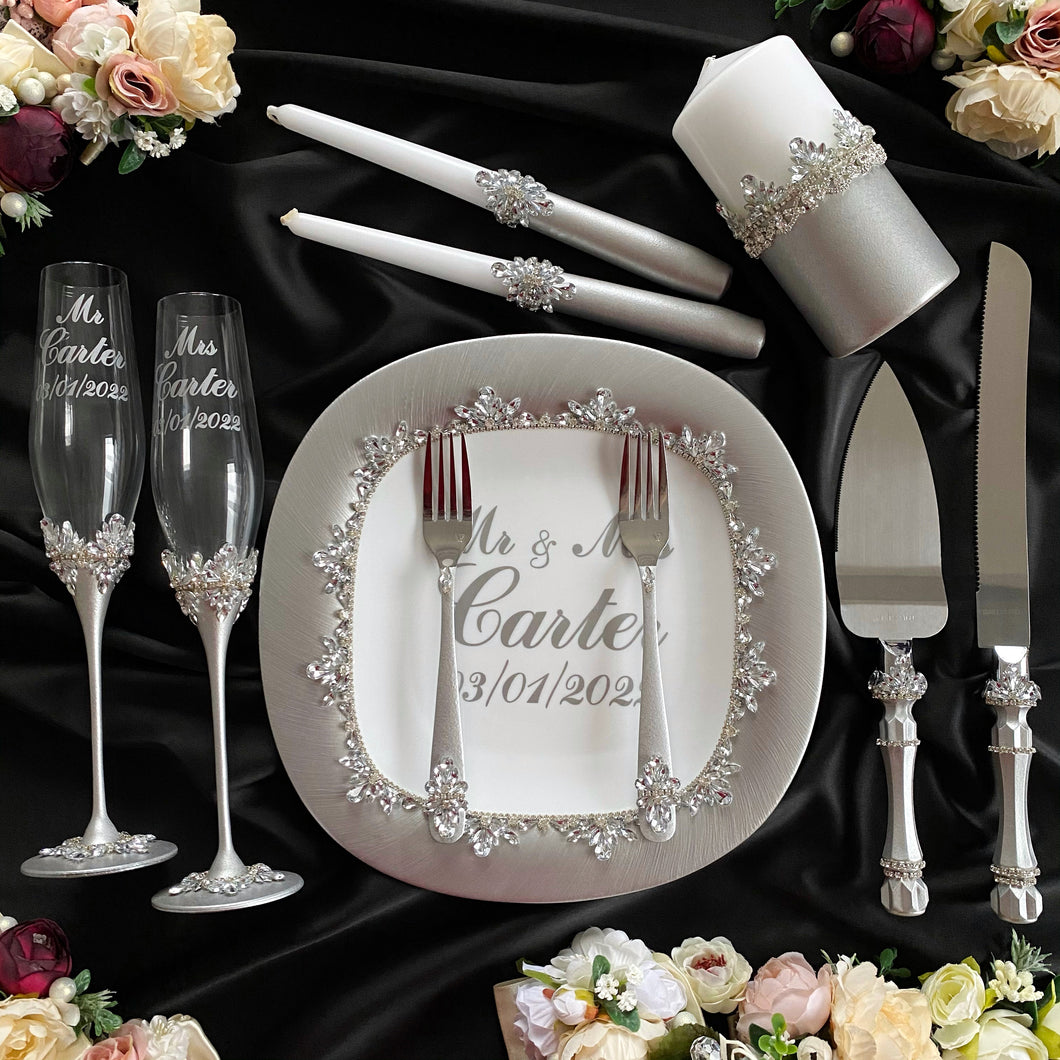 Gray wedding glasses for bride and groom, cake knife and server, wedding plate, unity candles