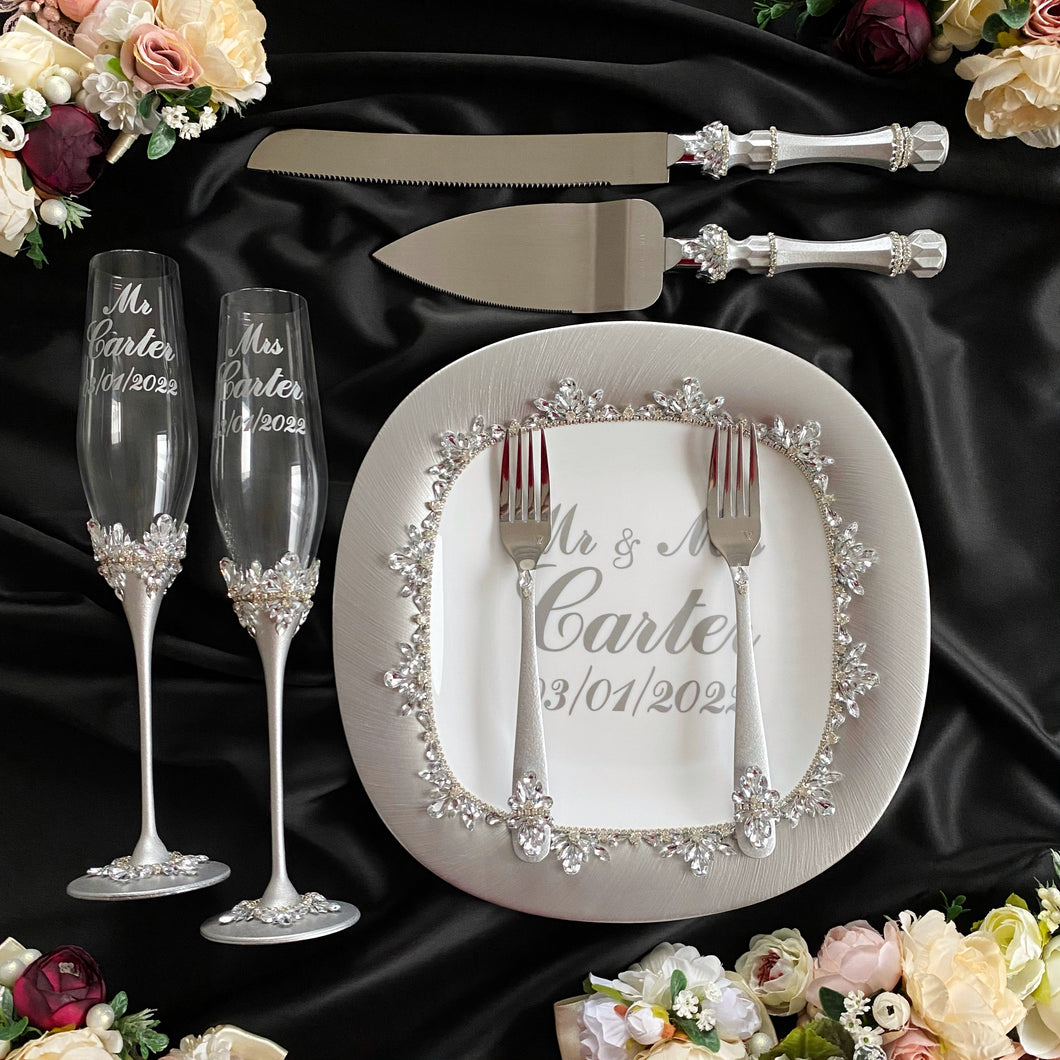 Gray wedding glasses for bride and groom, cake knife and server