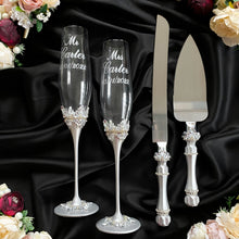 Load image into Gallery viewer, Gray wedding glasses for bride and groom, cake knife and server
