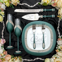 Load image into Gallery viewer, Green wedding glasses for bride and groom, wedding cake cutting set, wedding plate and forks
