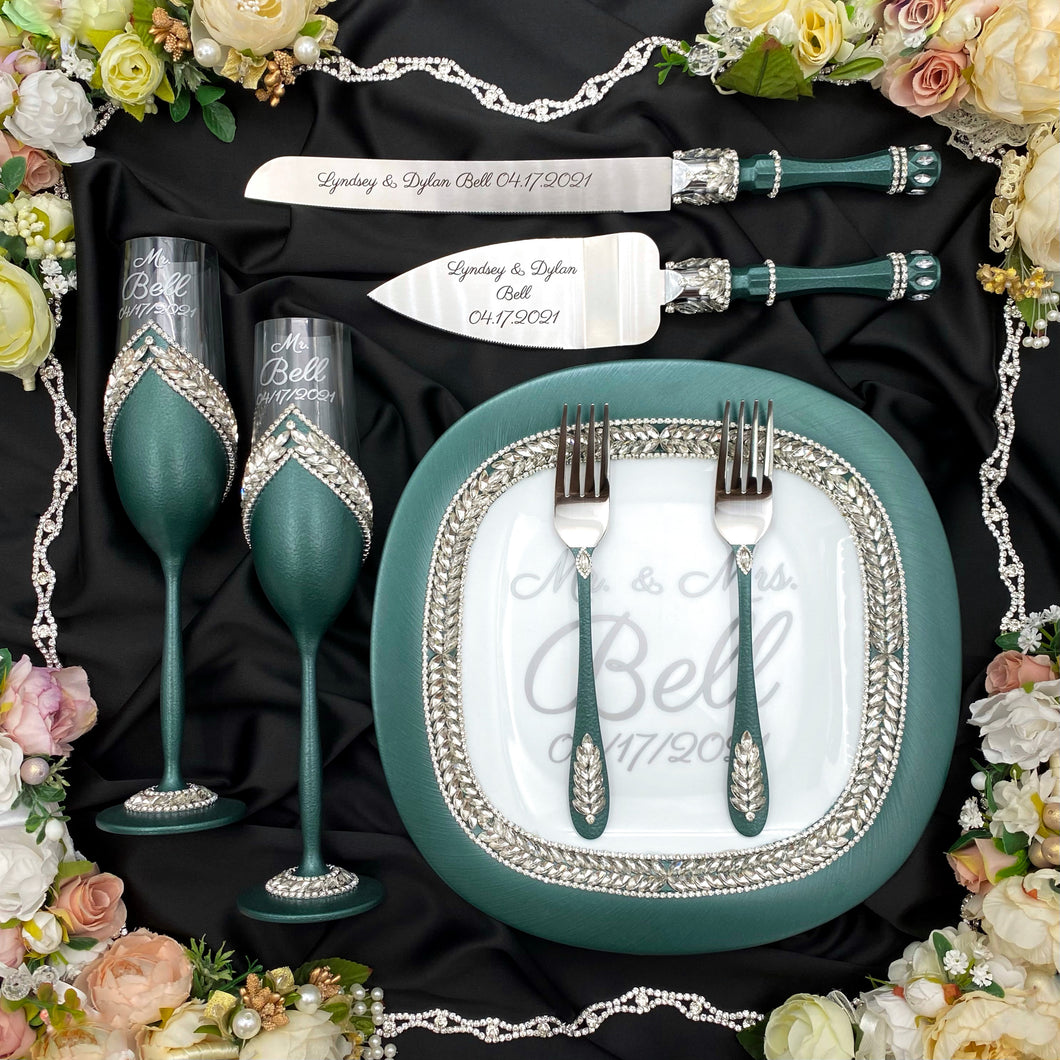 Green wedding glasses for bride and groom, wedding cake cutting set, wedding plate and forks, unity candles
