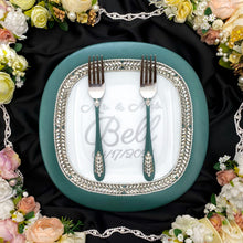 Load image into Gallery viewer, Green wedding glasses for bride and groom, wedding cake cutting set, wedding plate and forks, unity candles
