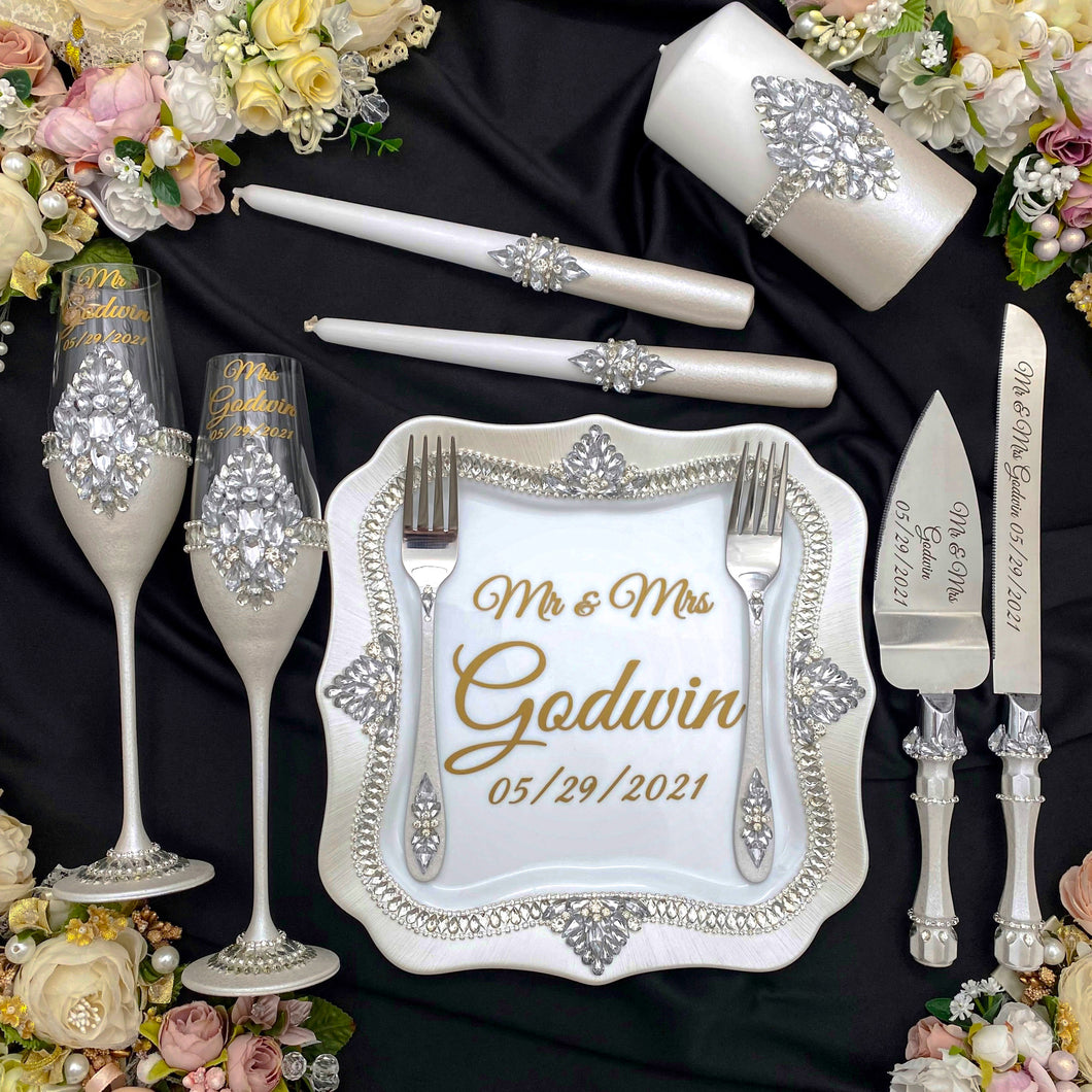 Silver wedding glasses for bride and groom, wedding cake cutting set, wedding plate & forks, unity candles