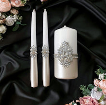 Load image into Gallery viewer, Silver wedding glasses for bride and groom, wedding cake cutting set, wedding plate &amp; forks, unity candles
