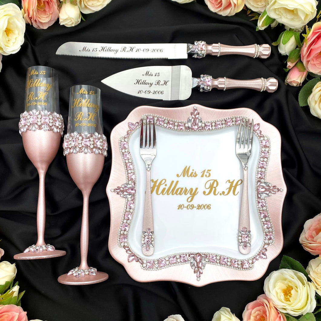 Powdery wedding glasses for bride and groom, wedding cake server sets & cake plate