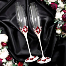 Load image into Gallery viewer, Red ivory wedding glasses for bride and groom, cake knife and server, wedding plate, unity candles
