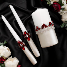 Load image into Gallery viewer, Red ivory wedding glasses for bride and groom, cake knife and server, wedding plate
