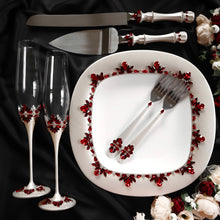 Load image into Gallery viewer, Red ivory wedding glasses for bride and groom, cake knife and server
