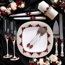 Load image into Gallery viewer, Red ivory wedding glasses for bride and groom, cake knife and server
