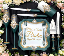 Load image into Gallery viewer, Green wedding cake cutting set, wedding glasses for bride and groom, wedding plate &amp; forks
