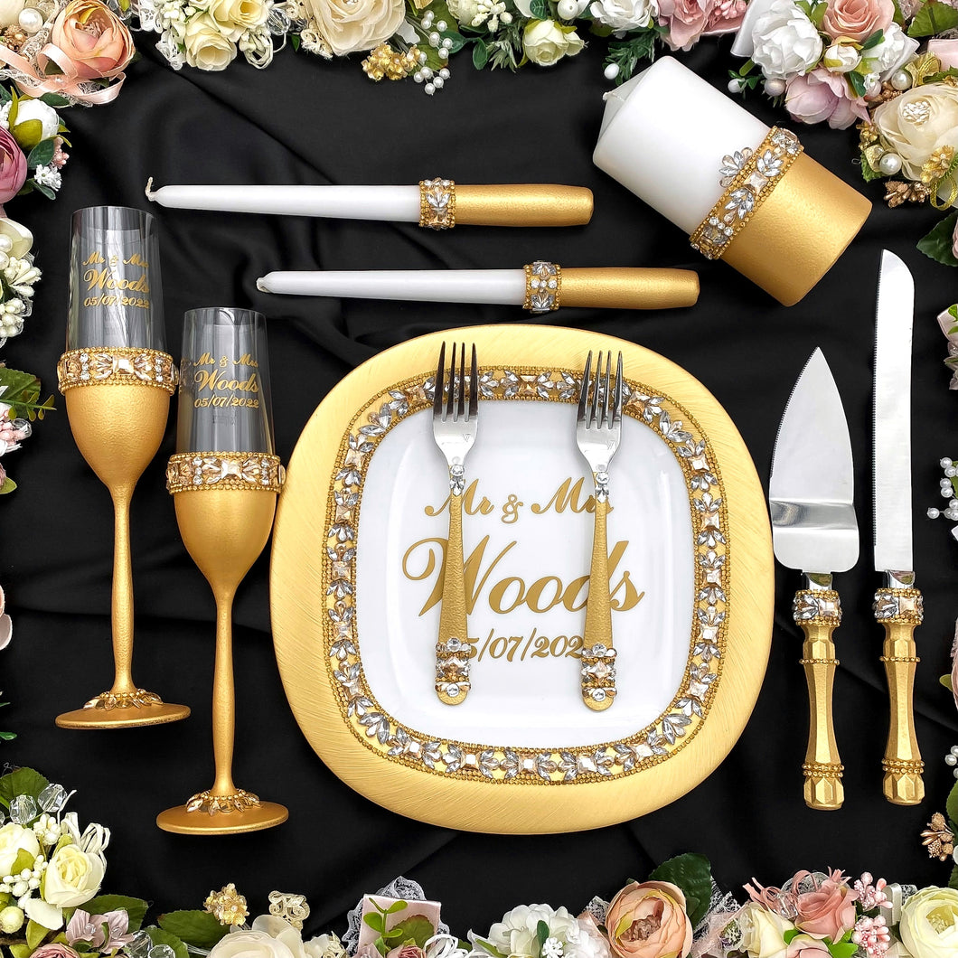 Gold wedding glasses, cake serving set, wedding plate&knife, unity candles