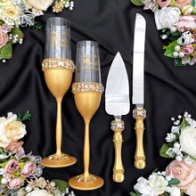 Load image into Gallery viewer, Gold wedding glasses, cake serving set, wedding plate&amp;knife, unity candles
