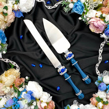 Load image into Gallery viewer, Royal blue wedding glasses for bride and groom cake serving set, wedding plate&amp;knife
