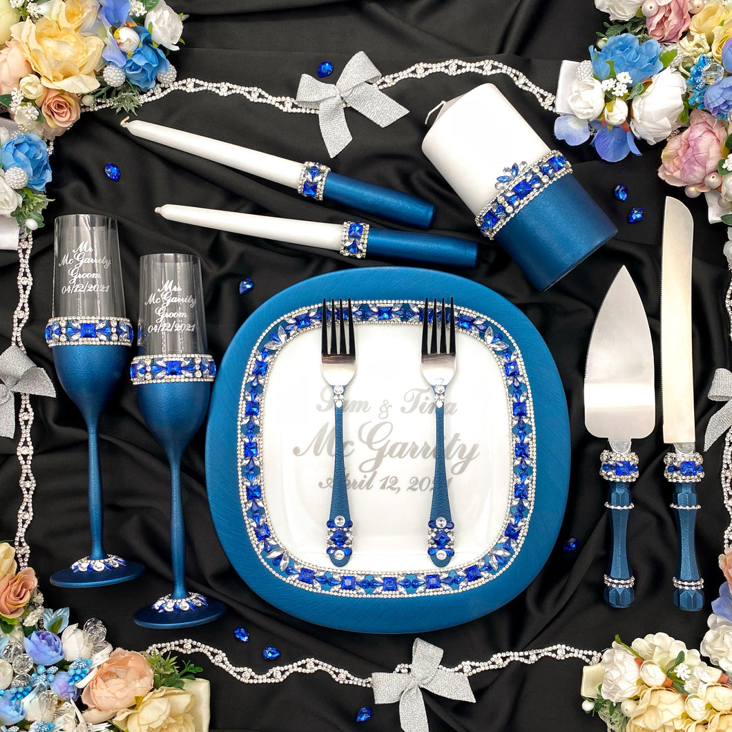 Royal blue wedding glasses for bride and groom cake serving set, wedding plate&knife, unity candles