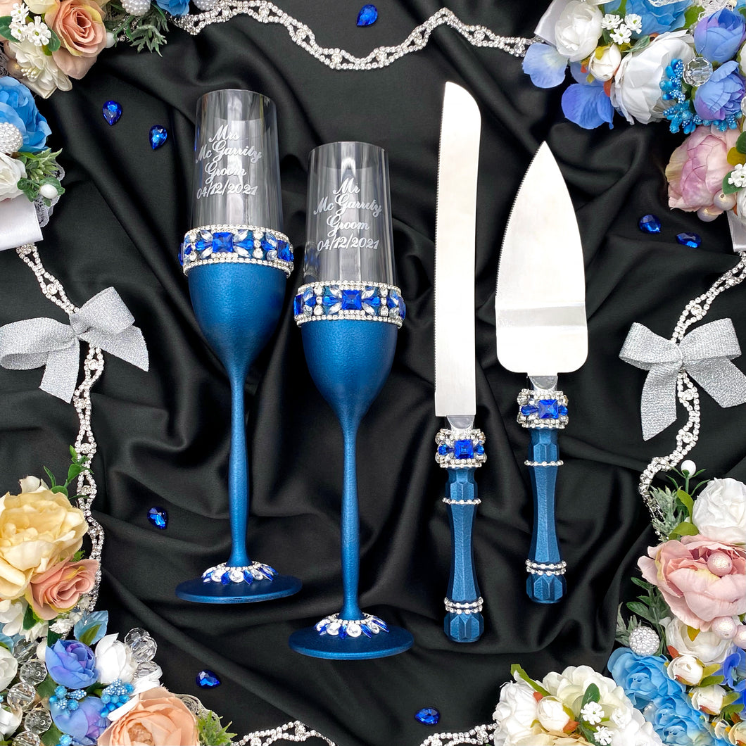 Royal blue wedding glasses for bride and groom cake serving set