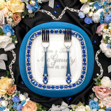 Load image into Gallery viewer, Royal blue wedding glasses for bride and groom cake serving set, wedding plate&amp;knife, unity candles
