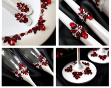 Load image into Gallery viewer, Red ivory wedding glasses for bride and groom, cake knife and server, wedding plate
