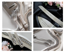 Load image into Gallery viewer, Silver wedding flutes for bride and groom, wedding cake server sets, wedding cake plate
