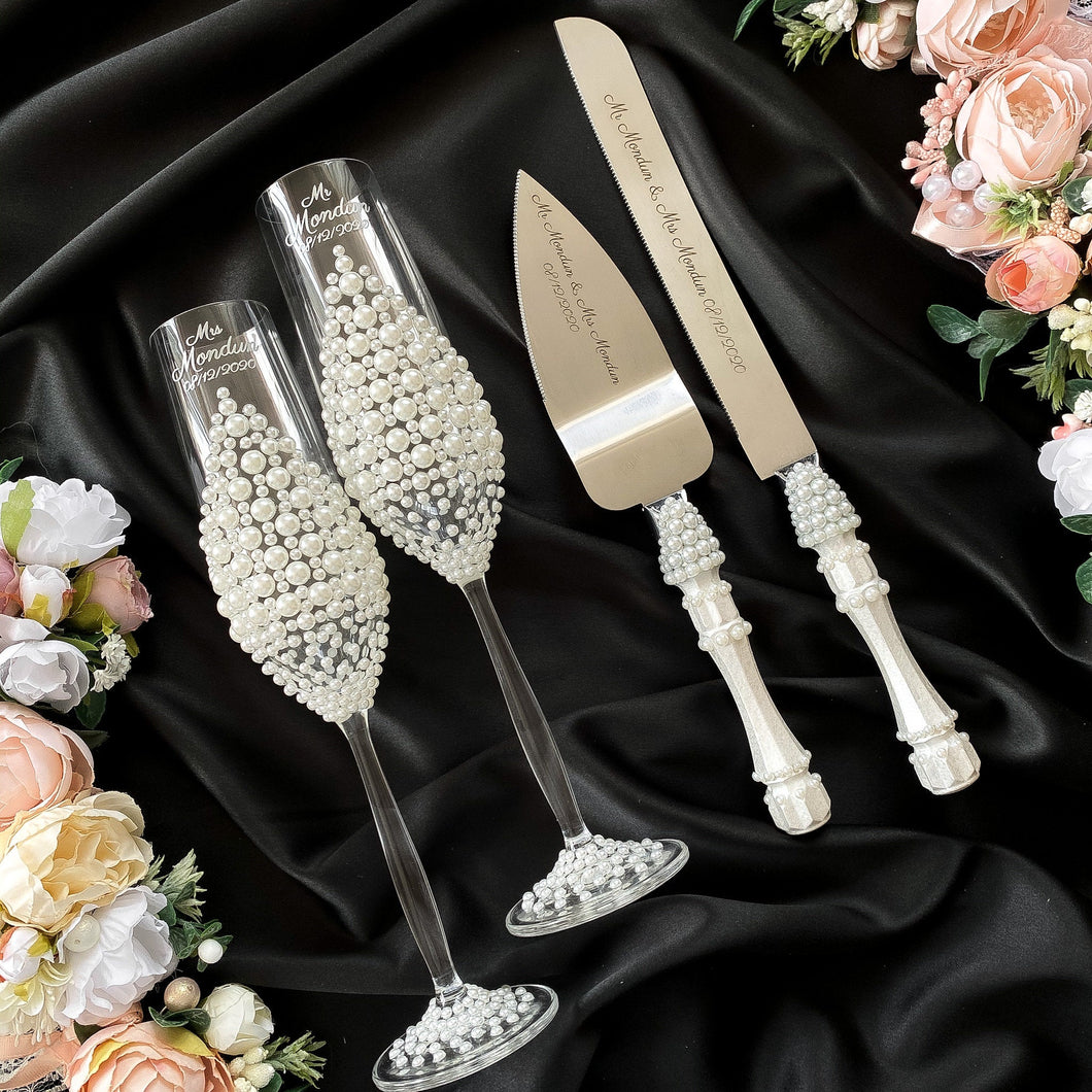 Pearl wedding glasses for bride and groom, cake knife and server