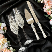 Load image into Gallery viewer, Pearl wedding glasses for bride and groom, wedding cake cutting set, wedding plate and forks
