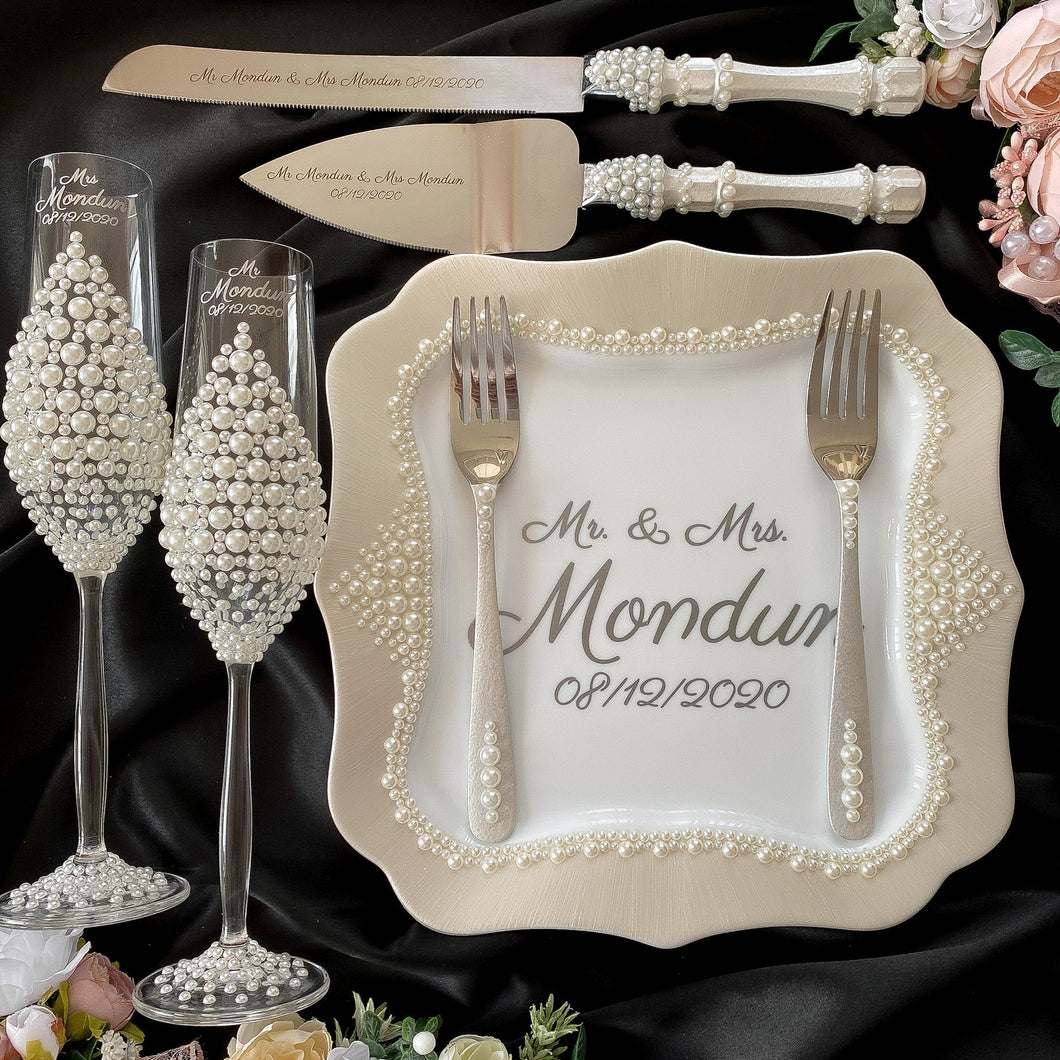 Pearl wedding glasses for bride and groom, wedding cake cutting set, wedding plate and forks