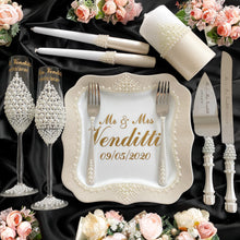 Load image into Gallery viewer, Pearl wedding glasses for bride and groom, wedding cake cutting set, wedding plate and forks
