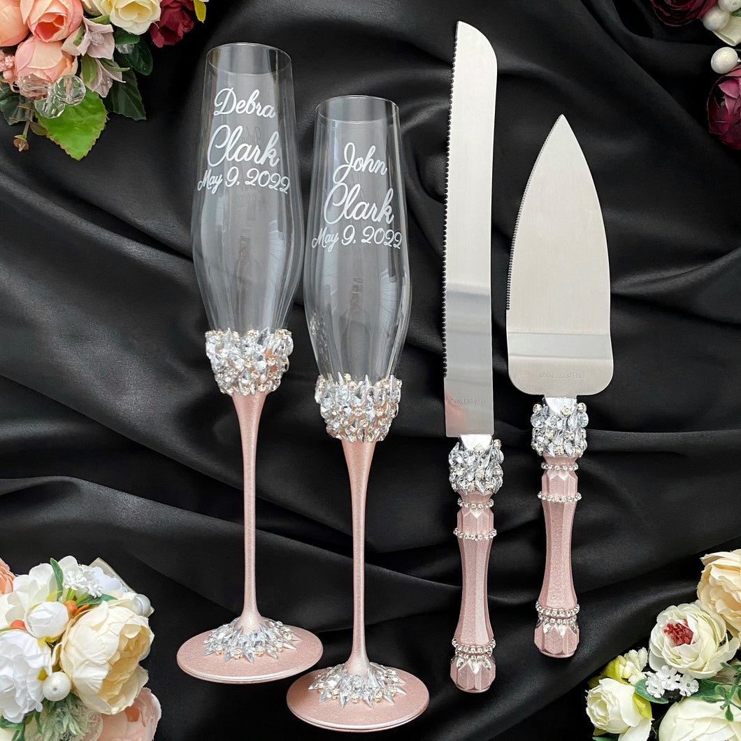 Powdery wedding glasses for bride and groom, cake knife and server