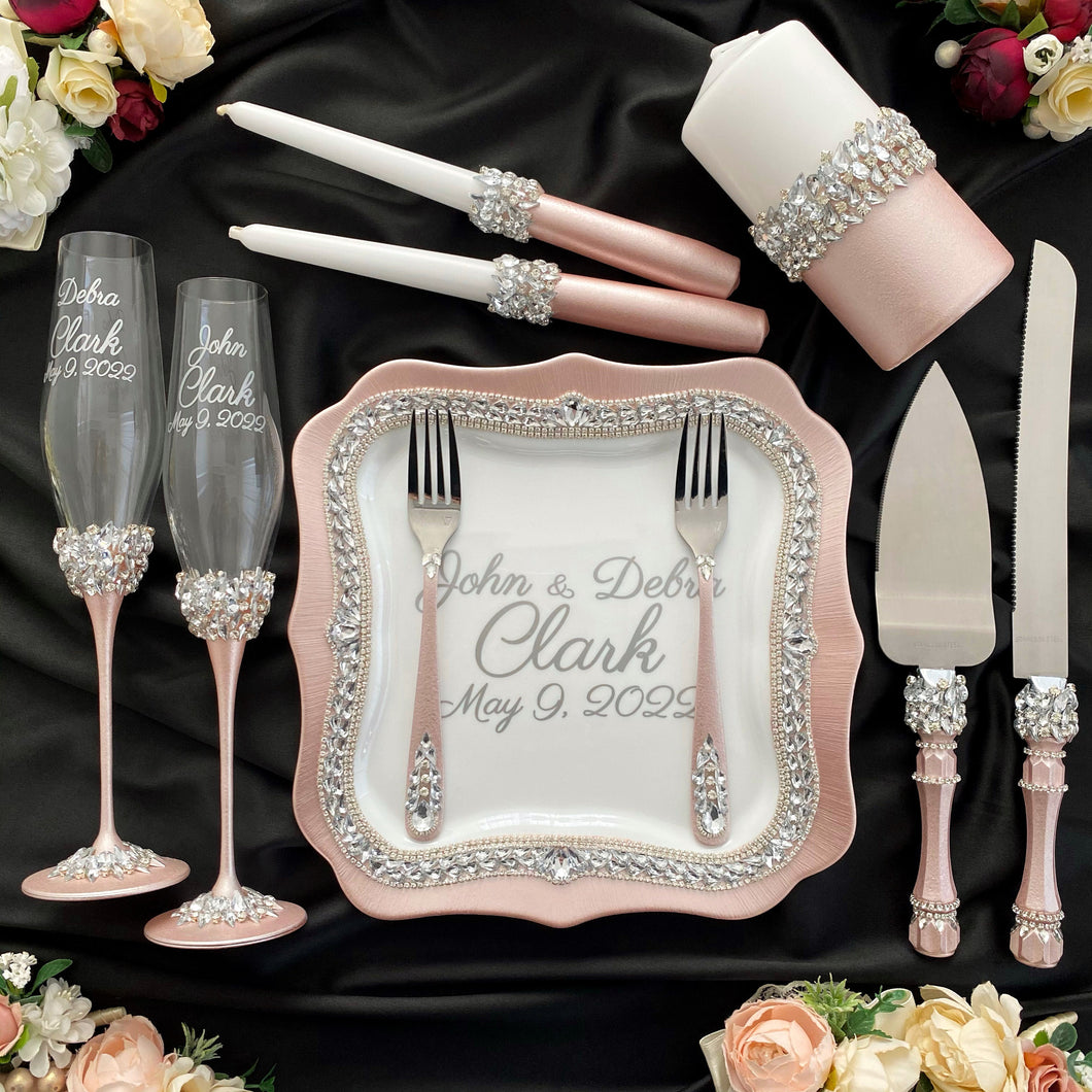 Powdery wedding glasses for bride and groom, cake knife and server, wedding plate, unity candles