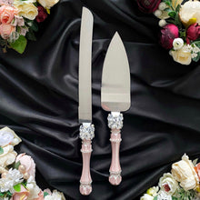 Load image into Gallery viewer, Powdery wedding cake cutting set, wedding glasses for bride and groom, wedding plate and forks
