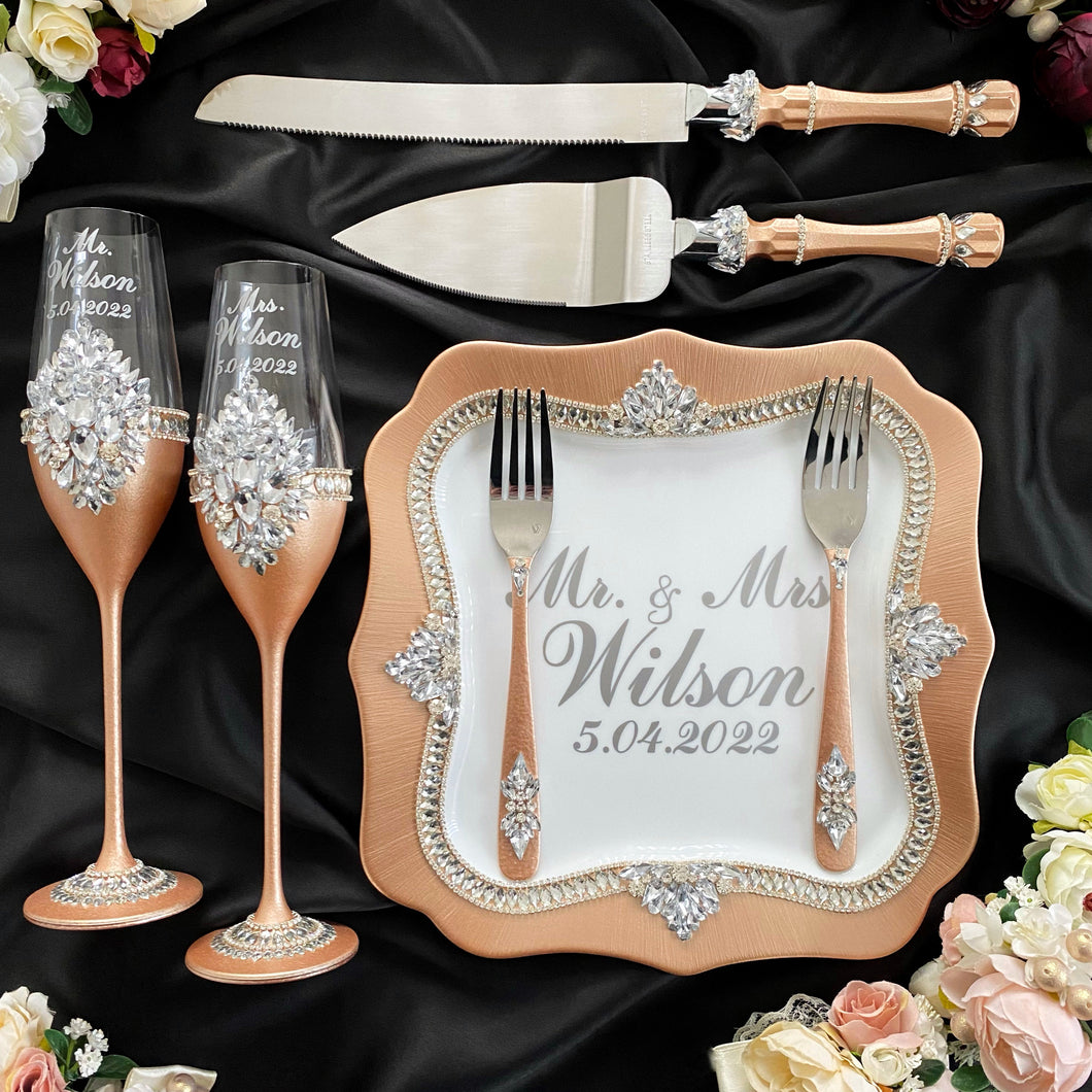 Beige wedding glasses for bride and groom, wedding cake server sets & cake plate with forks