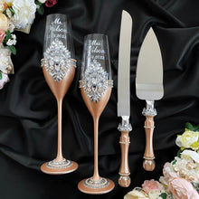 Load image into Gallery viewer, Beige wedding flutes for bride and groom, cake knife and server
