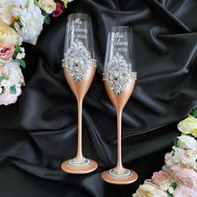 Load image into Gallery viewer, Beige wedding flutes for bride and groom, cake knife and server
