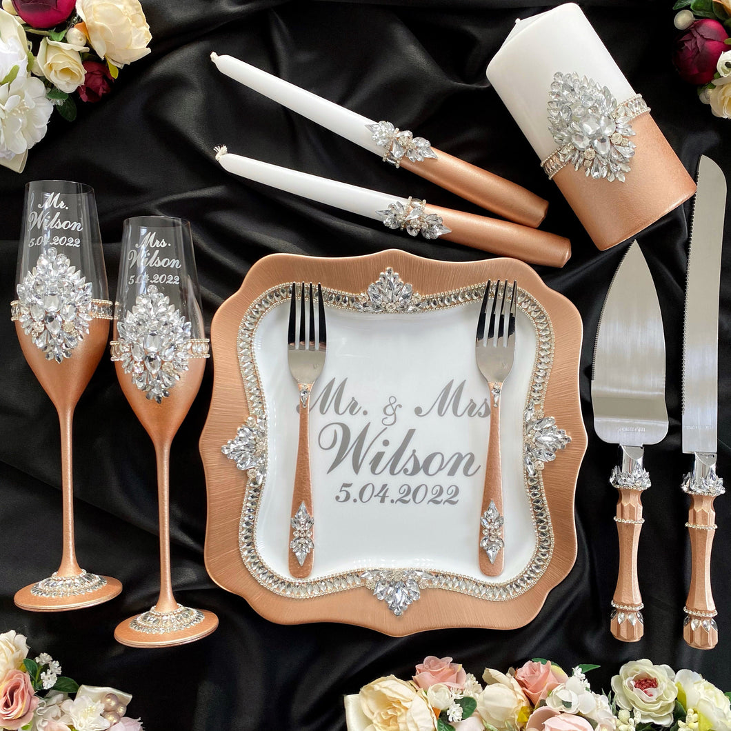 Beige wedding glasses for bride and groom, wedding cake server sets & cake plate, unity candles