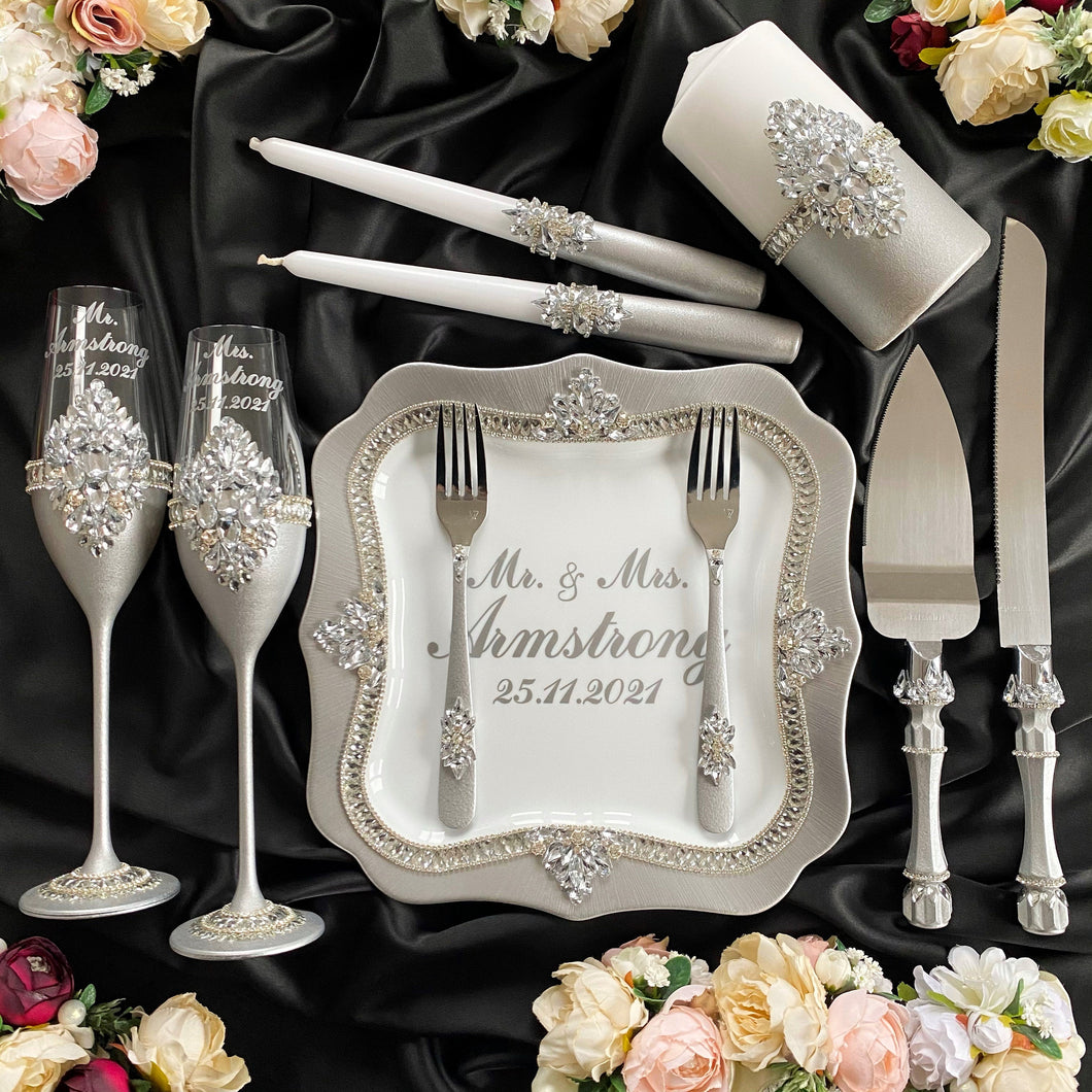 Gray wedding glasses for bride and groom, wedding cake server sets & cake plate, unity candles