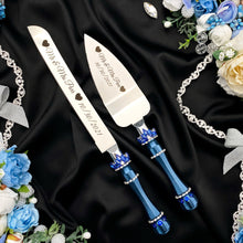 Load image into Gallery viewer, Royal blue wedding glasses for bride and groom, cake knife and server
