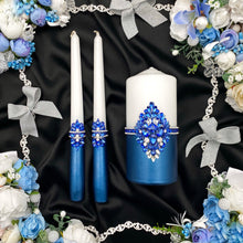 Load image into Gallery viewer, Royal blue wedding glasses for bride and groom, wedding cake server sets &amp; cake plate, unity candles
