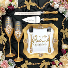 Load image into Gallery viewer, Gold wedding cake cutting set, wedding glasses for bride and groom, wedding plate and forks
