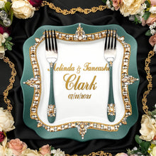 Load image into Gallery viewer, Emerald wedding glasses for bride and groom, wedding cake server sets &amp; cake plate
