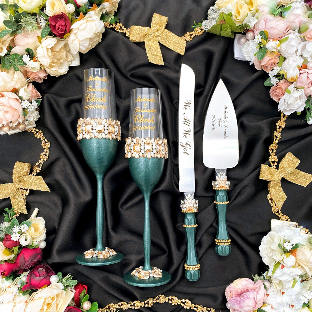 Emerald wedding glasses for bride and groom, cake knife and server