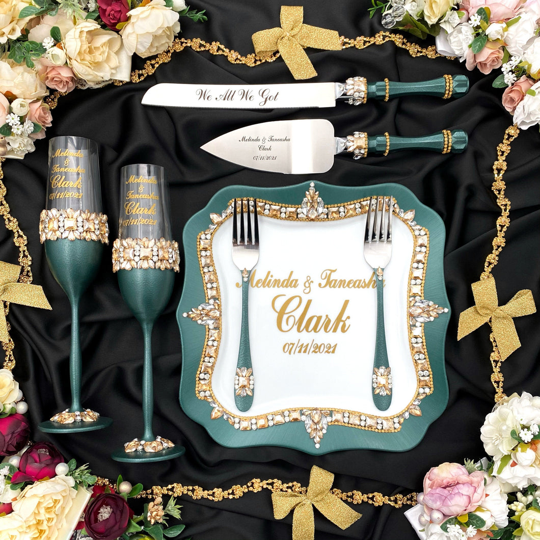 Emerald wedding glasses for bride and groom, wedding cake server sets & cake plate
