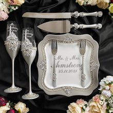 Load image into Gallery viewer, Gray wedding glasses for bride and groom, wedding cake server sets &amp; cake plate
