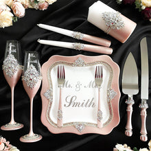 Load image into Gallery viewer, Powdery wedding glasses, cake serving set, wedding plate&amp;knife, unity candles
