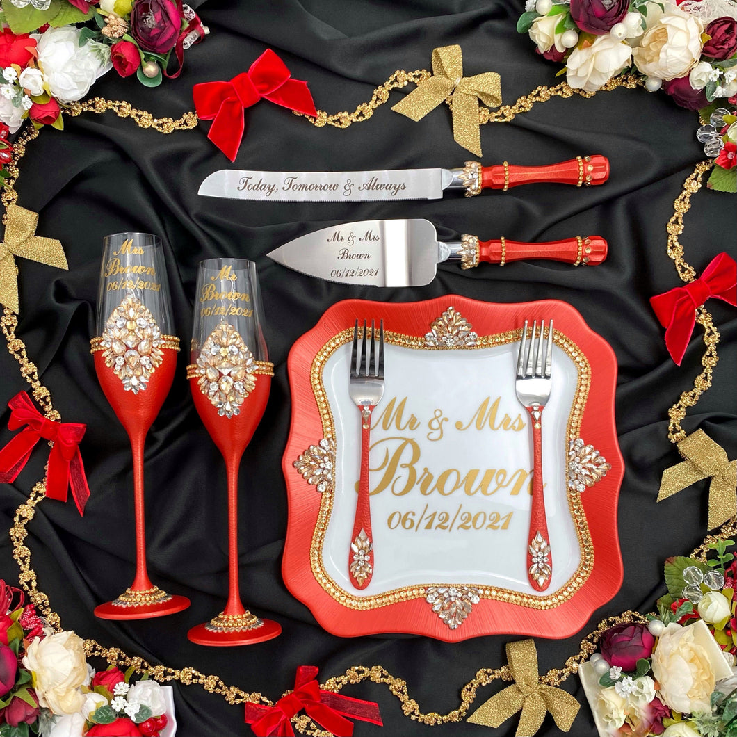 Red wedding cake cutting set, wedding glasses for bride and groom, wedding plate and forks