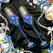Load image into Gallery viewer, Royal blue wedding glasses for bride and groom, cake knife and server
