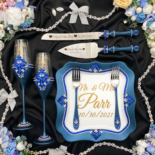 Navy Blue Wedding Cake Server Set & Knife Mardi Gras Wedding 
