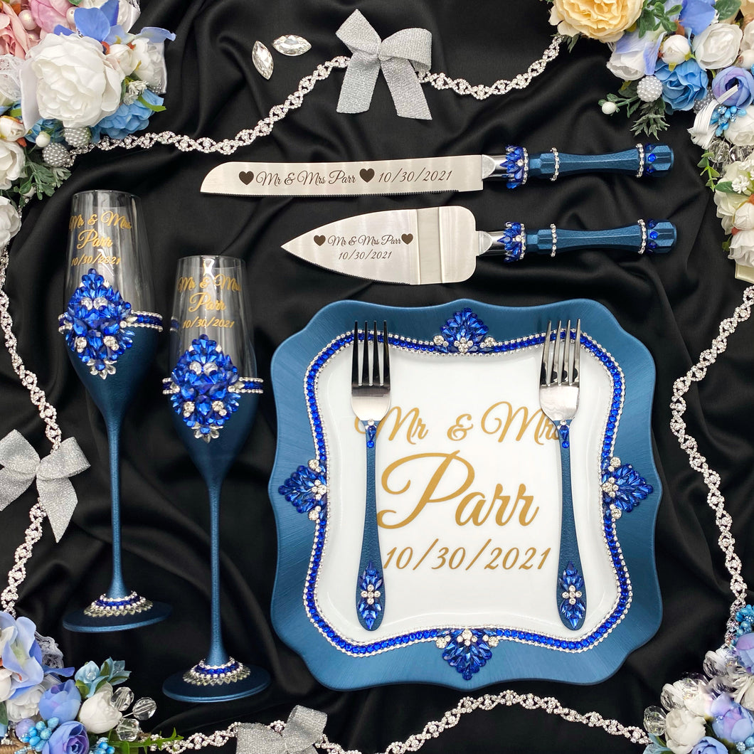 Royal blue wedding glasses for bride and groom, wedding cake server sets & cake plate