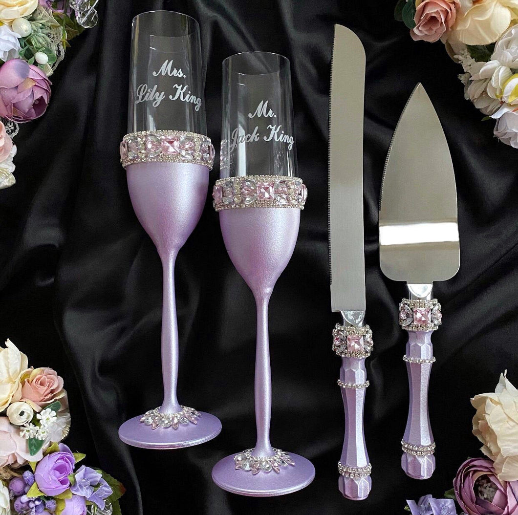 Purple wedding glasses for bride and groom, cake knife and server